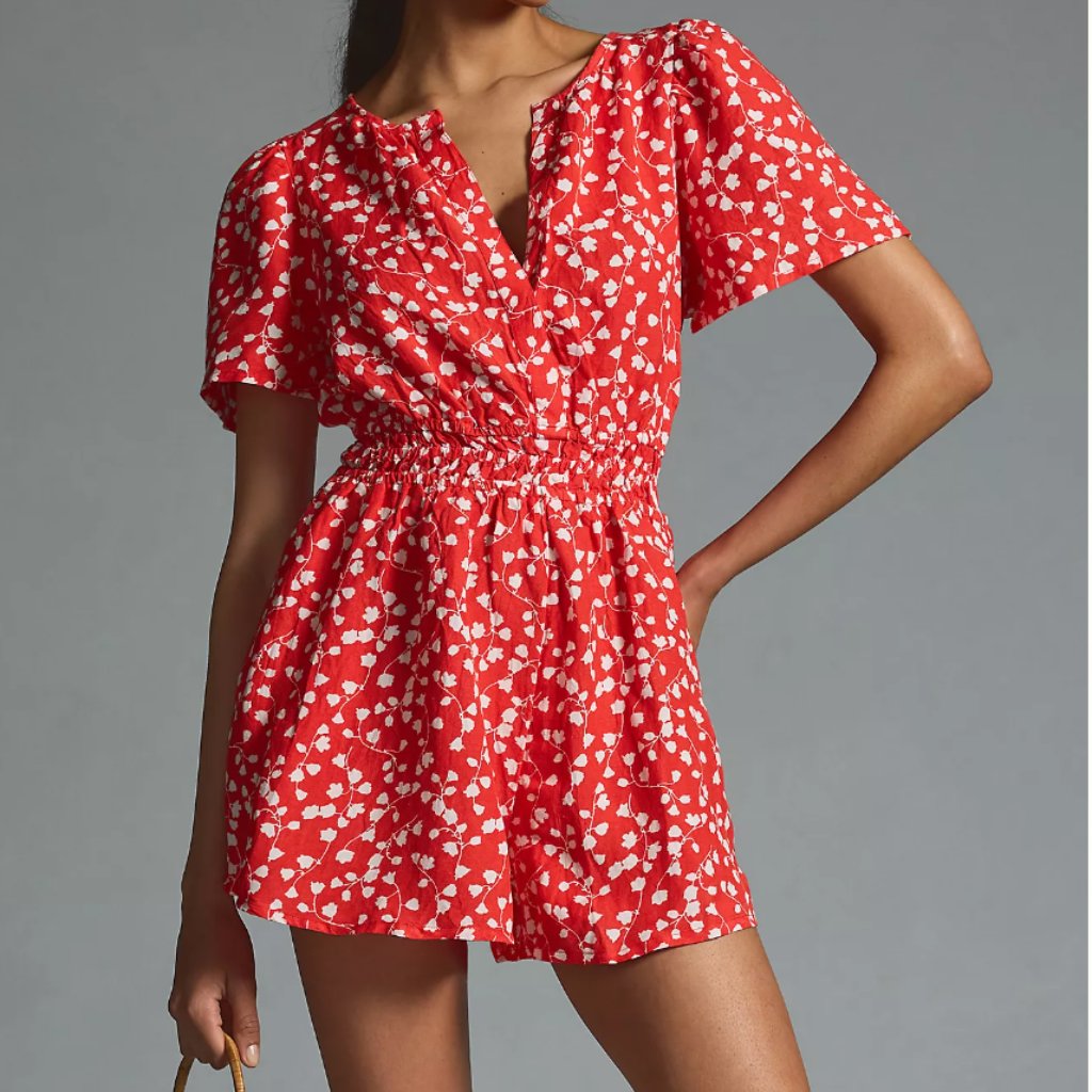 Nwt Anthropologie The Somerset Romper: Linen Edition S Red Floral